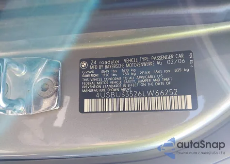 2006 BMW Z4 3.0I from USA, damaged, VIN 4USBU33526LW66252
